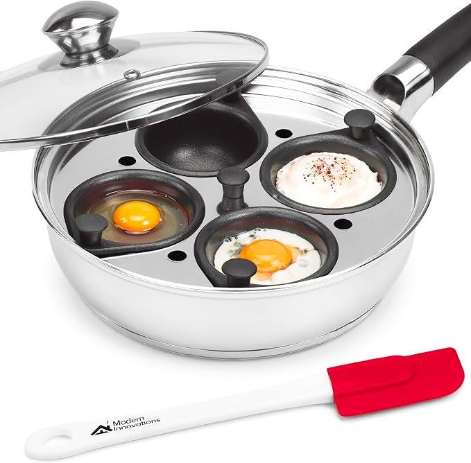 Modern Innovations Egg Poacher Pan for Perfect Poached Eggs, Nonstick Cups Poached Egg Maker Pan, Stainless Steel Easy Egg Cooker, Poaching Eggs Benedict Maker, Silicone Spatula