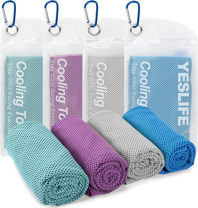 YESLIFE Cooling Towels, 4-Pack 40"x12", Multicolor Set F | Microfiber gym towels, soft breathable neck wrap, cooling towel for yoga running sport camping, Multicolor, 4-pack