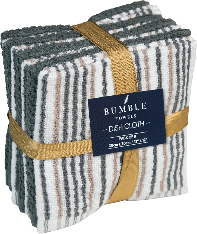 Bumble Dish Cloths 8-Pack, 100% Cotton Kitchen Towels, 12"x12" Grey | 430 GSM Soft Dish Towels for Kitchen, Highly Absorbent & Durable Kitchen Rags for Washing Dishes