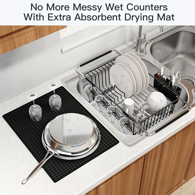 Dish Drying Rack Over The Sink with Utensil Holder, Mat | Expandable Stainless Steel Dish Drainer for Small Kitchen, Apartment, RV, Counter Space Saving, Perfect Fit, Rustproof