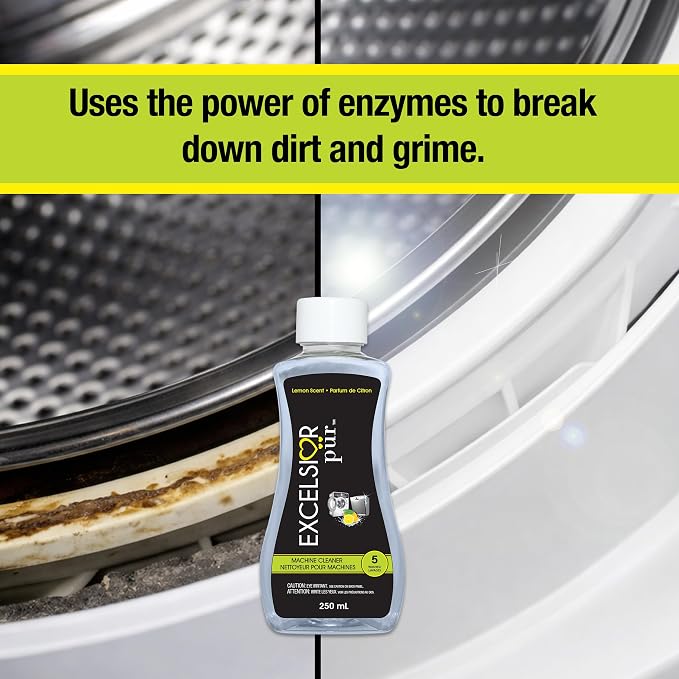 Excelsior Pür System Enzyme-Powered Washing Machine Cleaner Liquid, 250 ml (5 Uses), HE & Standard, Drum & Seal Deep Clean, Residue & Odor Buildup Remover