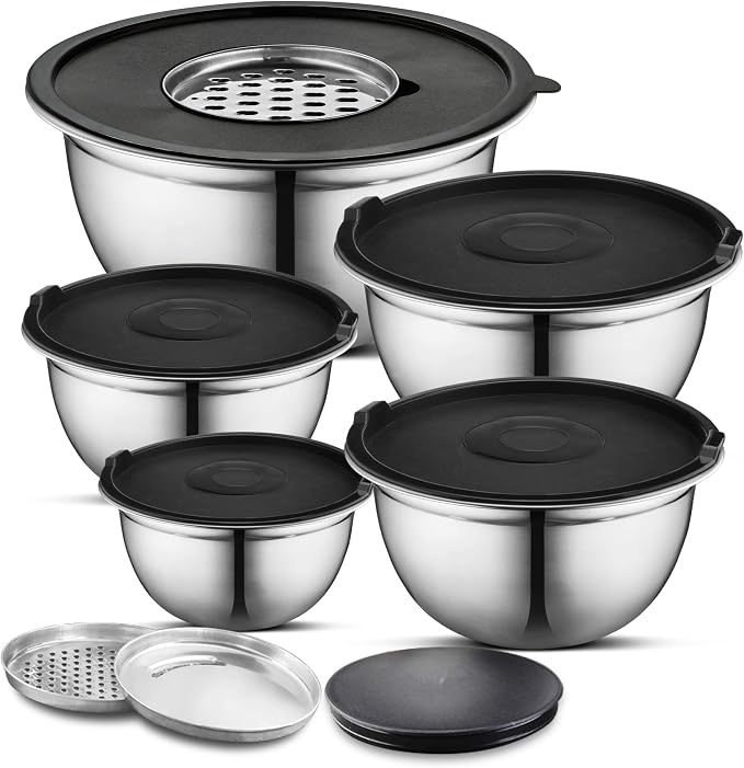 Premium Brushed Stainless Steel Mixing Bowls Sets, Easy To Clean, Space Saving, Great for Cooking, Baking, Prepping Needs 0.25qt, 1qt, 1.5qt, 3qt, 5qt (8 pc with Lid and Grater)