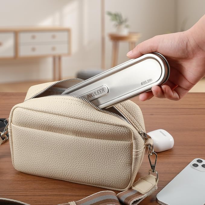 iNKULEER Travel cutlery set, 18/8 stainless steel cutlery, Reusable utensils set with case, Portable Silverware Lunch Box for Camping and Office-Stainless steel