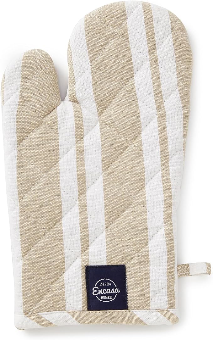 Encasa XO Oven Mitts, Heat Resistant Kitchen Gloves, Microwave | Franca Beige Stripes, 100% Cotton | Diamond Quilted Insulation | Pot Holders | Hanging Loop | Barbecue & Grill | Set of 2
