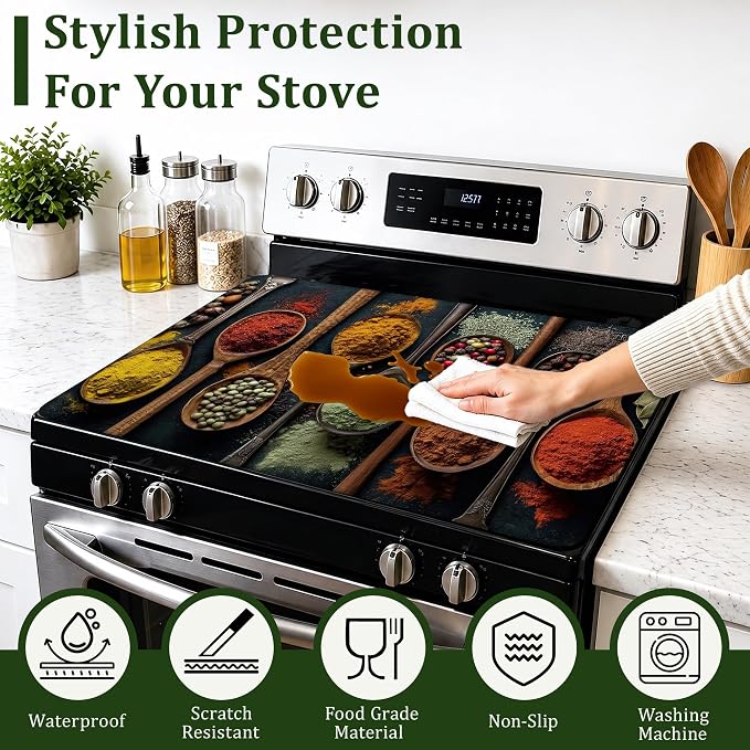 Colourful Various Herbs Electric Stove Top Cover Protector,Spices Glass Flat Top Stove Mat,Heat-Resistant Oven Induction Cooktop Mat for Ceramic Countertop Mats Dish Drying Mat