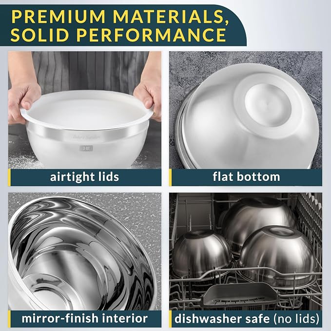 Baker's Signature Stainless Steel Mixing Bowls With Lid | Metal Bowl Set Of 3, Nesting Set For Food Prep, Baking,Storage, Cooking, Serving | Dishwasher Safe, Silver, 1.5/3/5 Qt