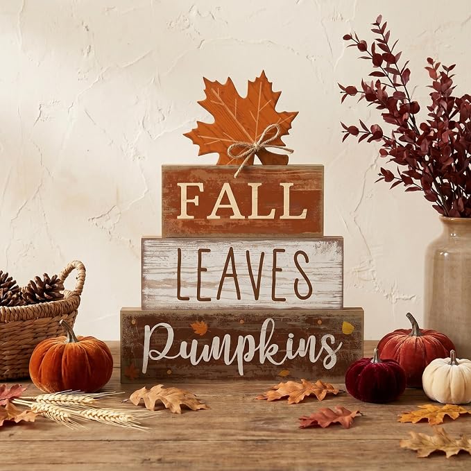 Lineshading 4 Pcs Fall Wood Block Signs Farmhouse Tabletop Decor Pumpkin | Rustic Stacked Blocks with Maple Leaf, Tiered Tray Mantel Decor, Harvest Thanksgiving Accents, Distressed Wood Finish