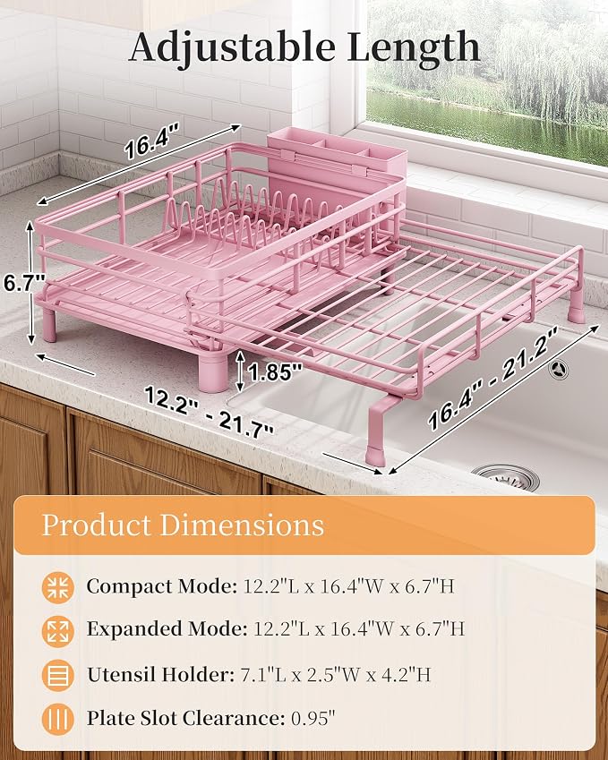 SAYZH Expandable Dish Drying Rack for Kitchen Counter, Metal, Pink | Foldable Over Sink, Large Capacity, Rust-Resistant, Adjustable for Most Sinks, Automatic Drainage, Removable Utensil Holder