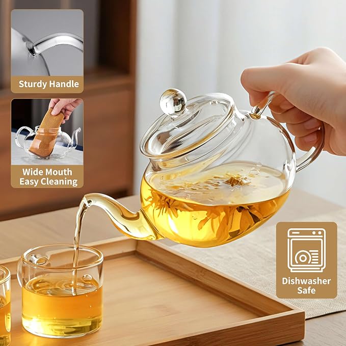 Glass Teapot with Removable Infuser, 20 oz/600ml Glass Tea Pot Small Borosilicate Tea Steeper Kettle with Loose Leaf Tea Strainer For Flower Blooming Tea, ClearTea Maker Pitcher