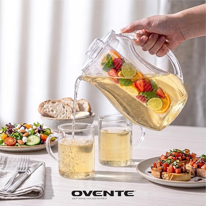 OVENTE Fruit Infusion Water Pitcher 2.5 Liters, Clear PIA0852C | With Removable Lid, Infuser Rod and Ice Rod, BPA-Free, Shatterproof Acrylic Beverage Jug for Flavor-Infused Drinks & More