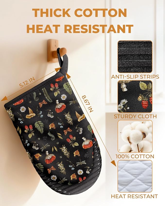 100% Thick Cotton Mini Oven Mitts Silicone Grip Black Mushroom | Girly Cute Oven Mitts for Women, Machine Washable, Non-Slip, Reversible Design Fits Both Hands, Stylish Kitchen Decor