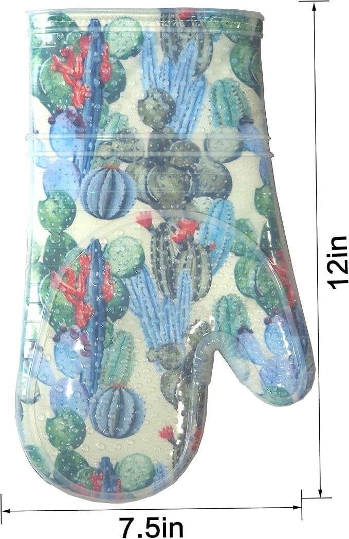 Oven Mitts with Transparent Clear Silicone Shell and Nice Cacturs Flower Printing