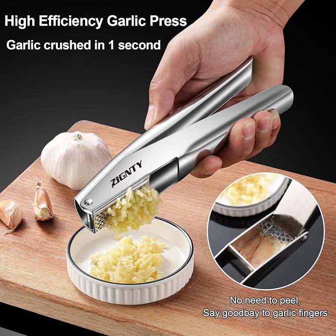 Garlic Press Stainless Steel, No Need to Peel Garlic Mincer Tool | Professional Garlic Presser & Masher, Large Trough, Efficient Dual Lever-Assisted, Rust Proof, Easy Clean, Dishwasher Safe