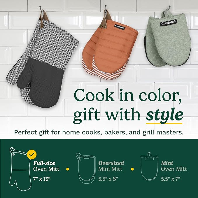 Cuisinart Heritage Kitchen Oven Mitts, Heat-Resistant, 2-Pack, 7"x13" | Non-slip neoprene palm grips up to 350°F, long cuff shields forearms, hang loop for storage, handles cast iron and grilling
