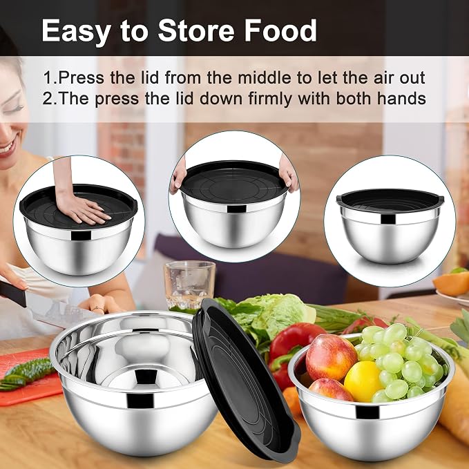 E-far Mixing Bowls with Lids Set, 6-Piece Stainless Steel Salad Bowls | Metal Nesting Cooking Bowls with Airtight Lid for Kitchen Storage, Baking & Prepping, Dishwasher Safe, 1.5/3/4.5 QT