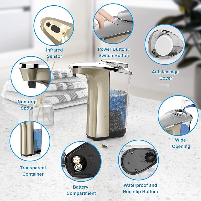 Automatic Soap Dispenser, 17oz Touchless Liquid Dish Soap Dispenser Kitchen | 17OZ Large Capacity, Infrared Sensor, 5 Adjustable Soap Levels, Hand Dispenser for Bathroom Kitchen Sink, Battery Operated