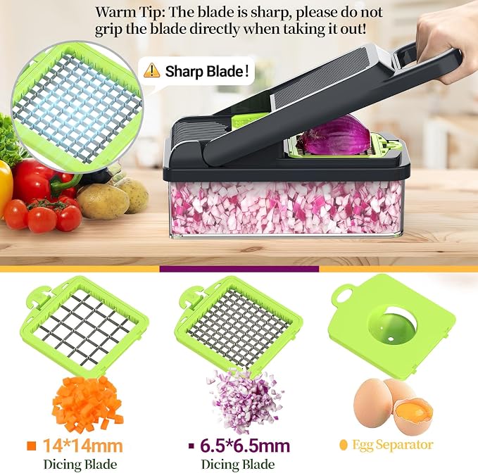 15-in-1 Vegetable Chopper 10 Blades, Veggie Cutter with Handle, Green/Grey | Stainless Steel Blades, Food Container and Lid, Dicer, Slicer, Julienne, Egg Separator, Non-slip Base, Include Cleaning Tools