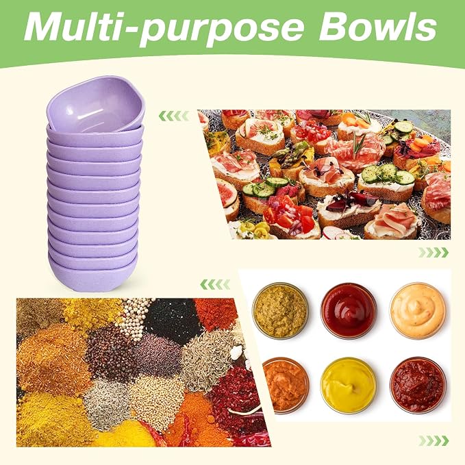 SHECIPIN 12 Pack Unbreakable Dipping Bowls, 4.5 OZ Soy Sauce Dishes，dipping sauce cups，small bowls for dips (Elegant purple)