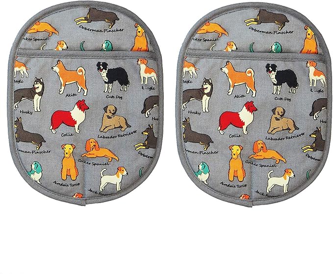 Pot Holders with Transparent Clear Silicone Shell and Nice Dog Flower | Cotton Lining Set of 2 Potholders Heat Resistant to 500 F Kitchen Oven Gloves for Cooking (Grey Dog, Potholders)