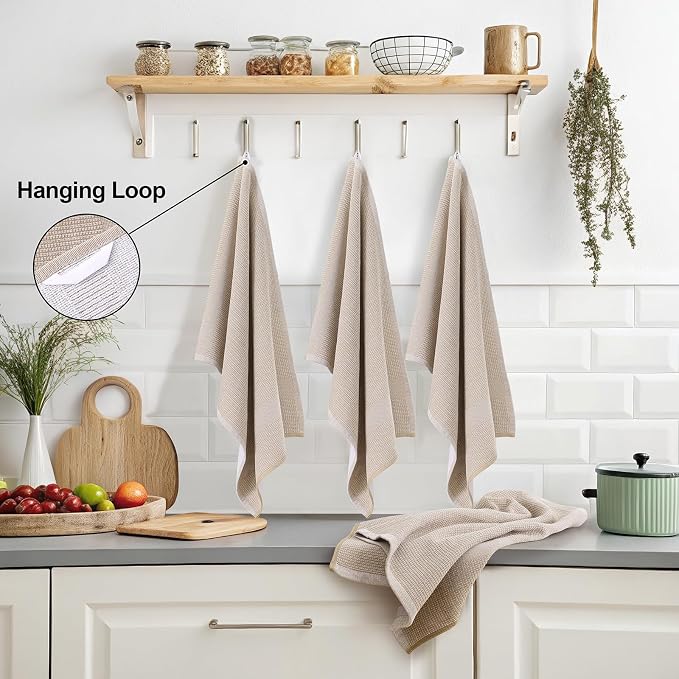 Mordimy Premium Large Cotton Kitchen Towels (18"x 28", 6 Pack), Khaki | 100% Ring Spun Cotton, Super Absorbent, 380 GSM, Flat & Terry, Soft, Hanging Loop Dish Towels