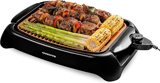 OVENTE Electric Indoor Grill, 13x10 Inch Non-Stick Plate, Copper GD1632NLCO | 1000W Fast Heat Up Power, Adjustable Temperature, Removable and Dishwasher Safe Grilling Plate and Drip Tray