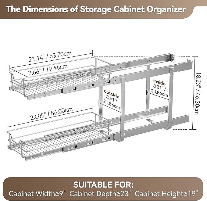 2 Tier Pull Out Cabinet Organizer 9" W X 22" D, Chromed, Full Slide Out | For Kitchen Organizers and Storage, Pull Out Drawers For Cabinets Capacity Heavy Duty Caddy, Cabinet Shelves, Bathroom Pantry