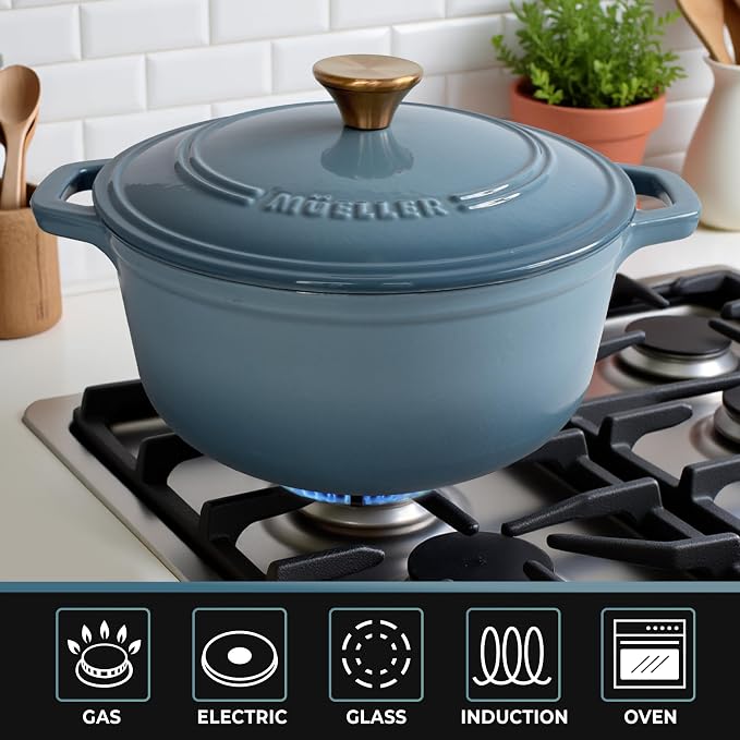 MUELLER HOME 6 Quart Enameled Cast Iron Pot Dutch Oven, Heavy-Duty | Oven-Safe to 500°F, For All Cooktops, Bread Pan with Lid & Knob, Cast Iron Cookware, Blue Kitchen Accessories, Mineral Blue