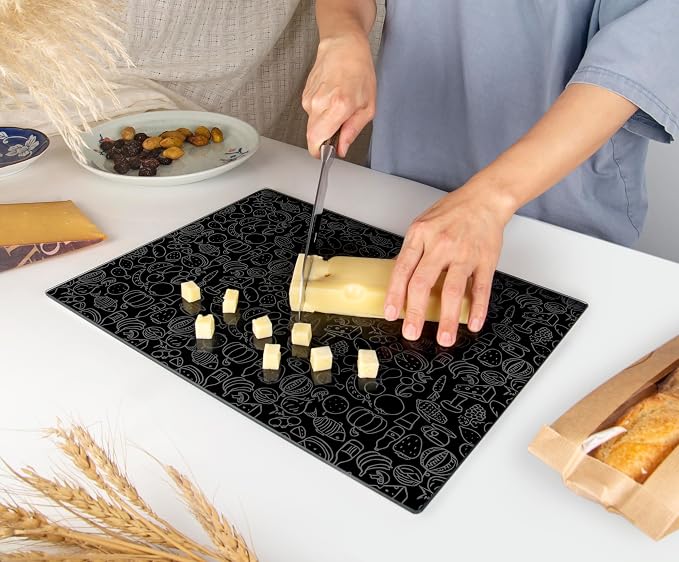 Glass Cutting Board 16"x12": Tempered Glass Kitchen Counter Protector - Durable- Scratch-Resistant, Heat-Proof - Design 4 - Black Design