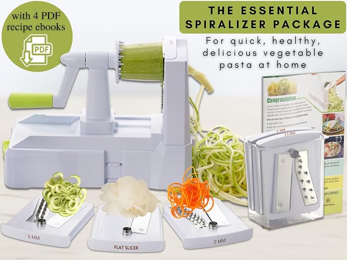 Brieftons 5-Blade Vegetable Spiralizer & Veggie Noodle Maker: Japanese 420-Grade Steel Blades for Zucchini Pasta, Sweet Potato & Beet Noodles, Strong Suction Pad, 4 Recipe eBooks | Keto Vegan Paleo