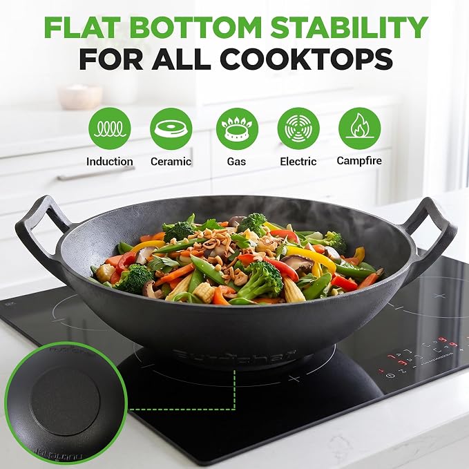 NutriChef 14" Cast Iron Wok with Wooden Lid - Pre-Seasoned Kadai for Stir-Fry with Loop Handles, Compatible with Multiple Cooktops Including Induction, Large 5.8 Qt Capacity