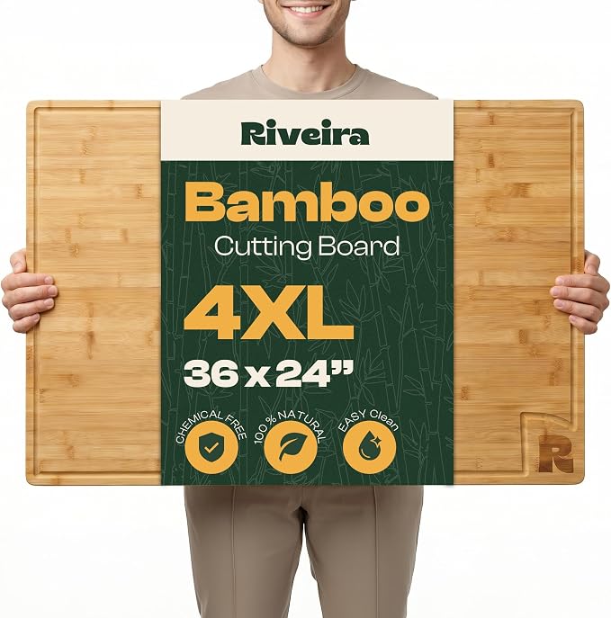 Riveira Extra Large Bamboo Cutting Board for Kitchen, 36" x 24", 0.8 Inch Thick – Large Wood Cutting Board with Juice Groove, Reversible Butcher Block Cutting Board for Meat, Bread & Charcuterie
