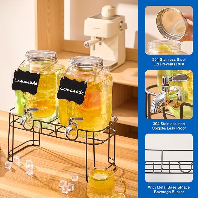 1 Gallon Glass Drink Dispensers for Parties, 2 Pack Beverage Dispenser with Stand, Fruit Infuser & Leakproof Stainless Steel Spigot, Juice Dispenser for Lemonade, Iced Tea, Sun Tea & Infused Water
