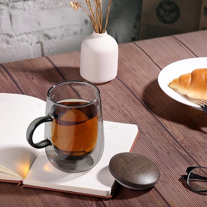 Tea Infuser Mug 14.5oz Glass Tea Cup with Removable Stainless Steel Infuser and Lid, Double-walled Black Glass Tea Cup Teacup for Loose Leaf Tea, Birthday for Parents Dad Mum Friends Office