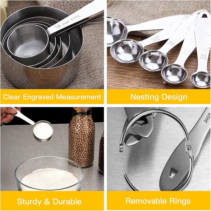 JOYHILL Measuring Cups and Spoons Set 304 Stainless Steel 10-Piece Silver | BPA-Free Silicone Handles, Etched Markings, Nestable Design, Dishwasher Safe for Dry & Liquid Ingredients
