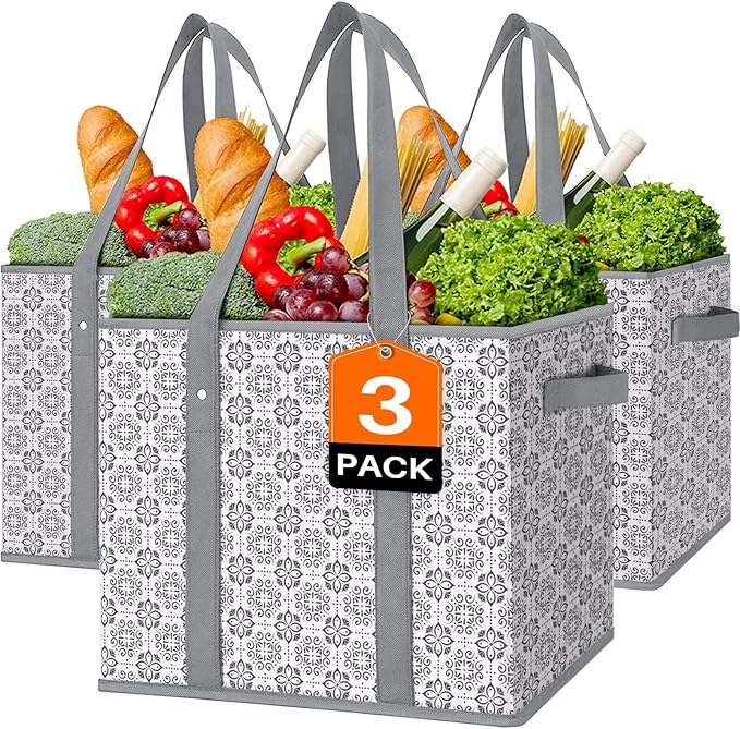 Reusable Grocery Bags 3 Pack, Foldable & Water Resistant Shopping Bags | Large Grocery Tote Bag Water Resistant Shopping Bags Foldable Grocery Bag for Clothes,Shoes and Picnic