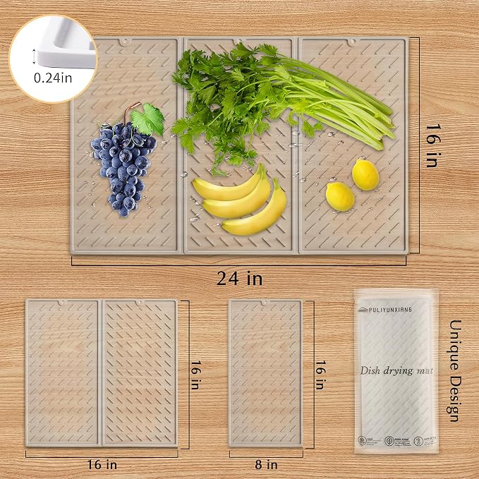 Collapsible Dish Drying Mat, Silicone Drying Mat for Kitchen Counter, Dish Drying Pad with Hook, 24x16in Non-Slip Silicone Dish Drying Mat, Easy to Clean (Translucent)