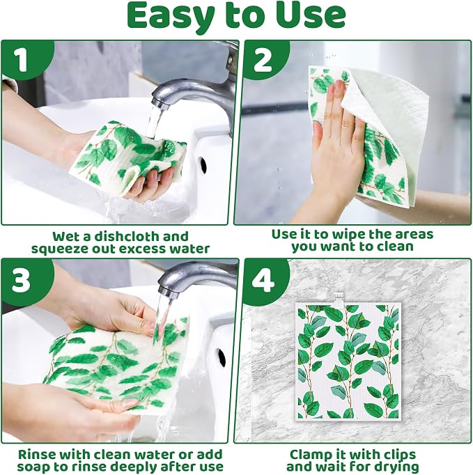 Needbrock 6 Pack Swedish Dishcloths for Kitchen, Swedish Rags | Absorbent Green Leaf Dish Cloths with Adhesive Clips, Reusable Paper Towels No Odor for Countertop Dishes Cleaning