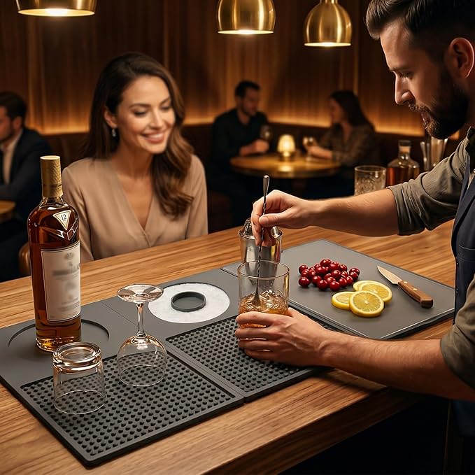 ZJWZLG 22"x12" Trifold Bar Mat with Cutting Board — 3-Zone Bartender Station, Extra Large Silicone Cocktail Mat, Folding Drink Prep Mat for Home Bar, Portable Bartending Accessories, Wipe-Clean(Grey)