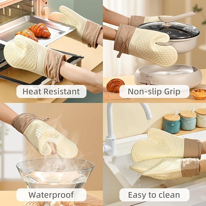 Silicone Oven Mitts，Heat Resistant up to 500°F, Oven Gloves with Soft Lining, Non-Slip Kitchen Essentials, Kitchen Gadgets, Apartment Essentials, Great Gift for Cooking (beige-1pair)