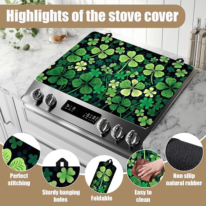 Green Clover Shamrock Stove Top Covers for Electric Stove, St.Patrick's Day Electric Gas Stove Pad Heat Resistant Range Cooktop Protector for Home Decor Kitchen 28"x20"