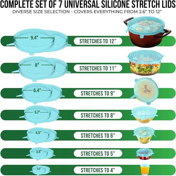 Reusable Silicone Stretch Lids for Food Storage in Fridge - Elastic Heat-Resistant Bowl Covers, Cups, Cans, Jars - Universal Food Grade Lid for Containers - 7 Pack - Light Green Stretchy Lid Set