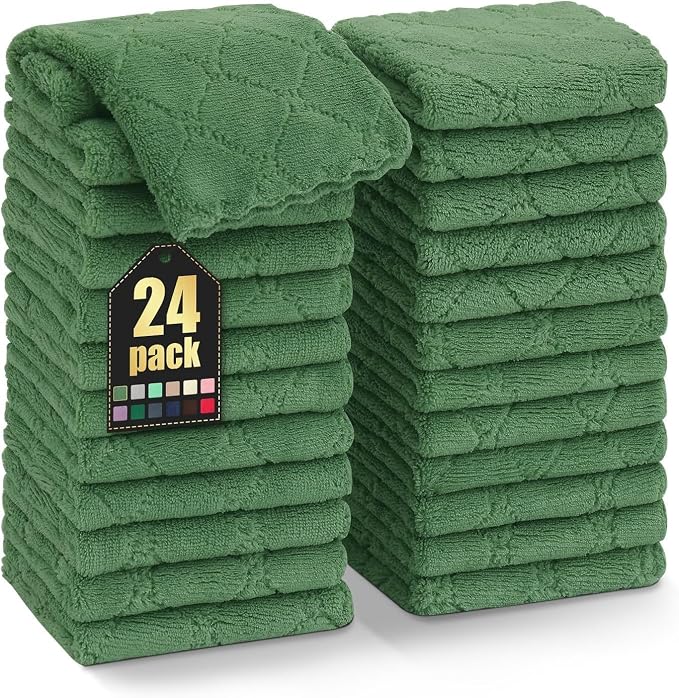 Homaxy 24 Pack Super Soft & Absorbent Dish Cloths, 10" x 10", Grass Green | Coral Velvet, Nonstick Oil Fast Drying Microfiber Cleaning Cloth, No Lint Household Dishcloths