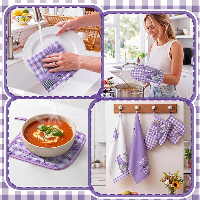 Fourluoo 10 Pcs Lavender Kitchen Decor Set Lavender Kitchen Towels and Rugs Oven Mitts and Pot Holders Set for Cooking Baking Grilling Women Mom Gift