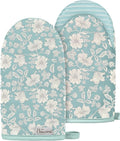 100% Thick Cotton Mini Oven Mitts Silicone Grip Chic Blue Floral | Elegant Classic Oven Mitts for Women, Machine Washable, Non-Slip, Reversible Design Fits Both Hands, Stylish Kitchen Decor