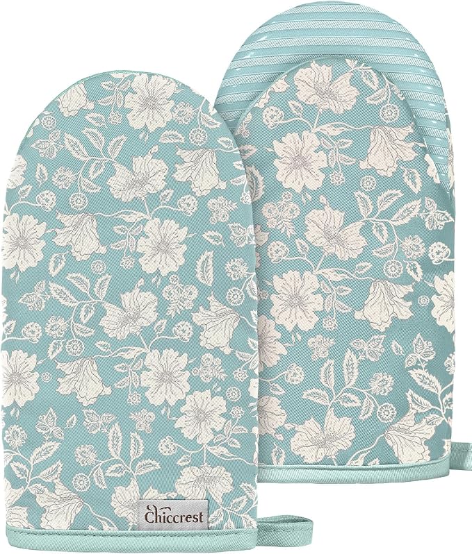 100% Thick Cotton Mini Oven Mitts Silicone Grip Chic Blue Floral | Elegant Classic Oven Mitts for Women, Machine Washable, Non-Slip, Reversible Design Fits Both Hands, Stylish Kitchen Decor