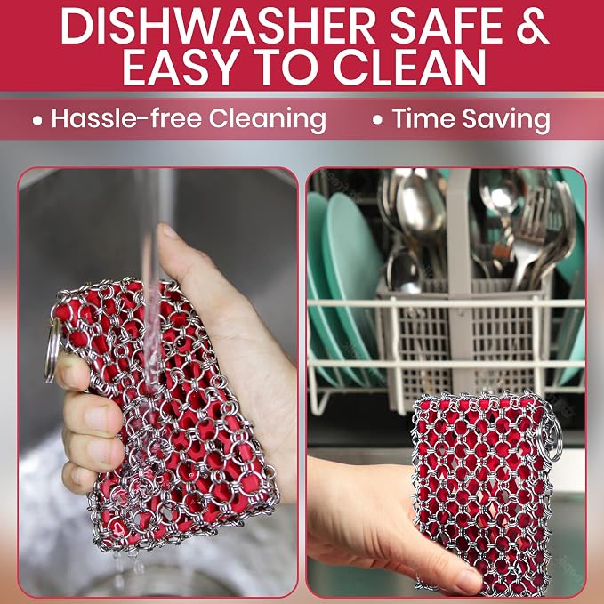 316L Cast Iron Scrubber Kit + Pan Scraper, Silicone Sponge, Dishwasher Safe | Cast Iron Chainmail Scrubber - Skillet Cleaner Scrubber - Cast Pan Scrubber Cleaner - Chainmail Chain Scrubber