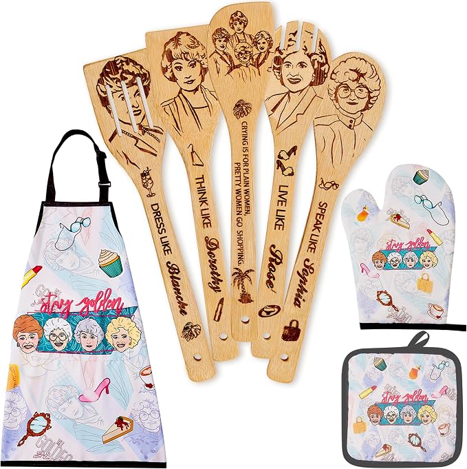 Golden Gifts for Women,Kitchen Utensils Set,Golden Wooden Cooking Spoons with Apron Oven Mitt Potholder for Fans,Great Birthday Wedding and Housewarming Christmas 8pcs