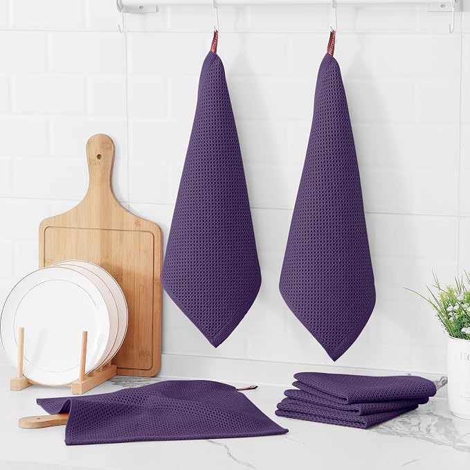 Kitinjoy 100% Cotton Waffle 6-Pack Kitchen Towels, 12" x 12", Eggplant | Ultra Absorbent, Super Soft, lightweight, Quick Drying Dish Rags for Washing Dishes