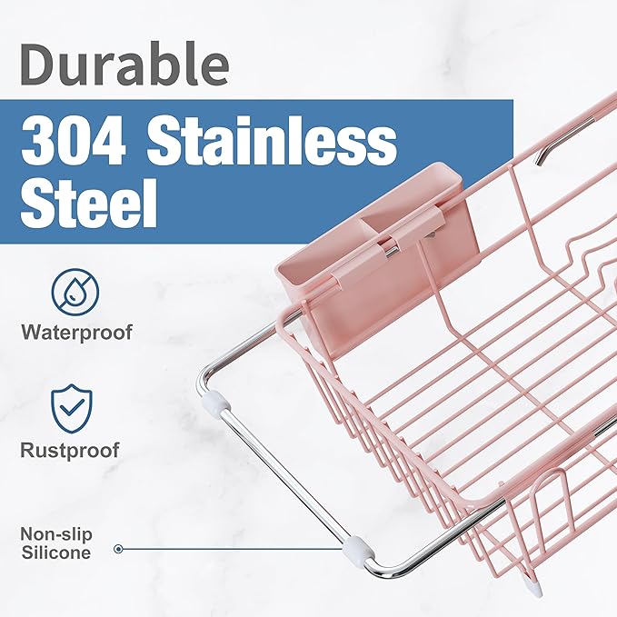 JASIWAY Pink Dish Drying Rack in Sink with Drainboard and Utensil Holder | Use Over the Sink or Counter, Stainless Steel Expandable Dish Drainer for Small Kitchen, Space Saving, Fast Drain, Rustproof