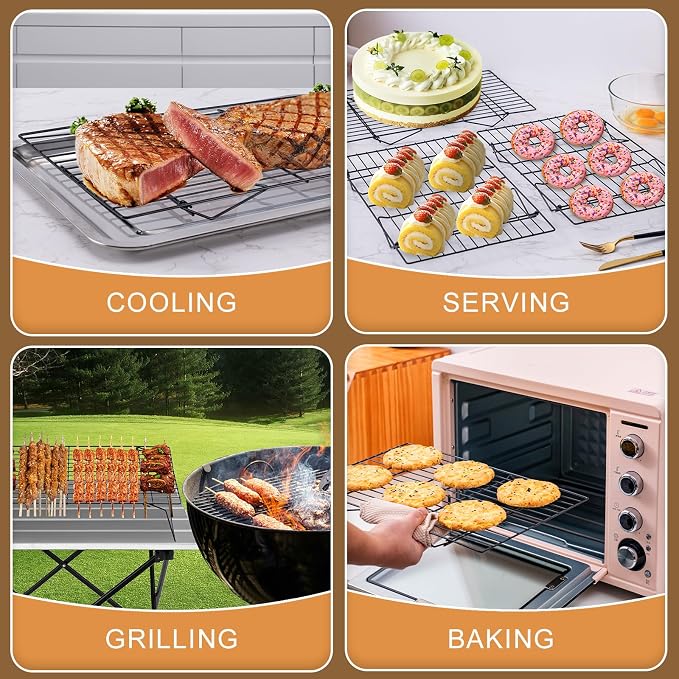 Cooling Rack for Cooking Baking 3 Tiers, 16" x 10" Wire Rack, Black | Thick Wire Rack, Oven & Dishwasher Safe, for Roasting, Grilling, Drying, Fits Half Sheet Pan